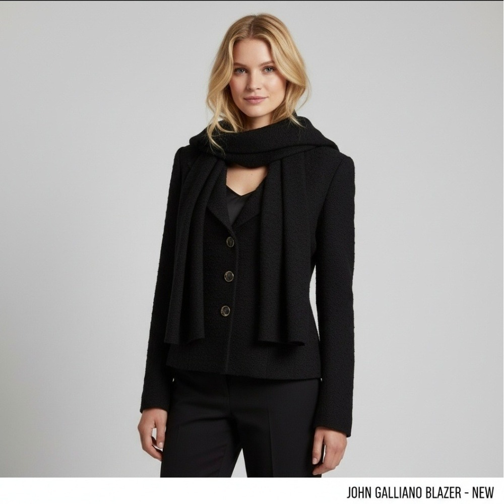 John Galliano Paris Wool Cropped Jacket - Women's - Attached Scarf Collar -